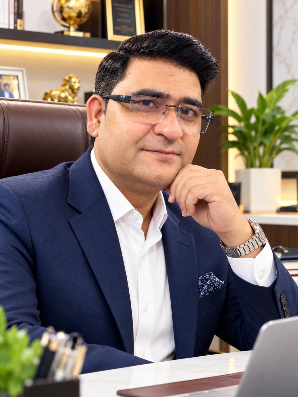 Aadesh Sharma seated at his desk, resting his chin on his hand