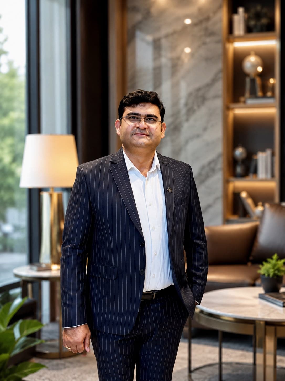 Aadesh Sharma standing in a pinstripe suit in a modern office lounge